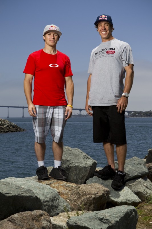 Red Bull athletes Robbie Maddison and Levi LaVallee perform a site check for New Year, No Limits in San Diego, CA.
