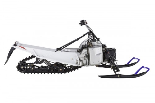 The chassis is a lightweight design that centralizes the engine mass for quick-responsiveness. The two-piece, tipped-tunnel, puts the rider into the best ergonomic position for control. The tunnel is tapered from 15-inches down to a wider floor board to accommodate a 15-inch wide track, yet keep the seat narrower for ease of movement. Large cutouts in the floorboards evacuate snow quickly.