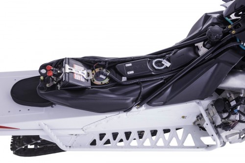 Redesigned fuel tank holds 10.6 gallons (40 liters). The battery is mounted at the rear for easy access.