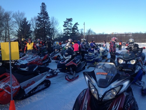 Staging sleds on Saturday for the day's ride.