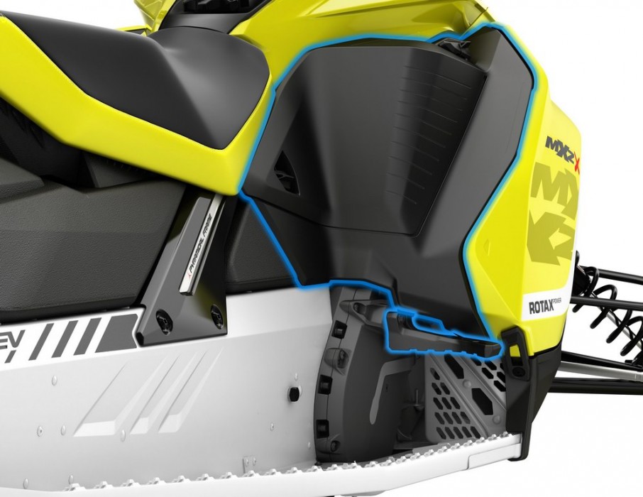 The rear of the side panels on the MXZ and Renegade models have a stepped design with three natural positions. The most extreme position enables the rider to get far forward to corner like never before.