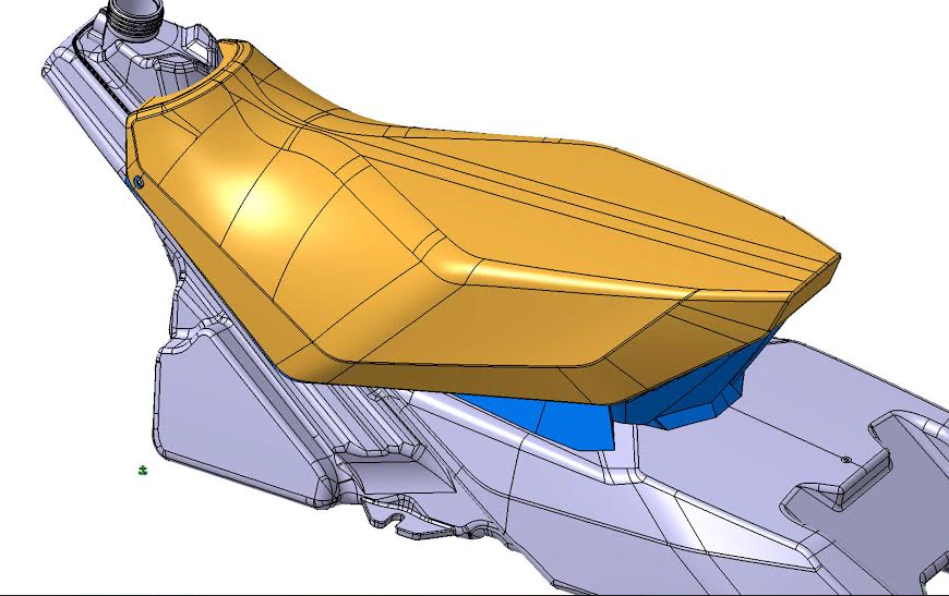 The trail seat is very narrow, especially at the front to easily move around the sled. Yet it still has a wide, near-flat rear section for comfortable cruising. It was inspired by motocross bikes.