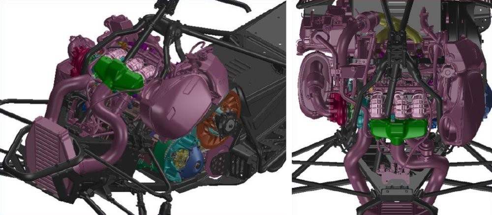 The unique rear facing engine mounting and compact chassis layout results in a more centralized mass. Compressed air is routed through a lightweight, aluminum ‘air to air’ intercooler, reducing its temperature for increased air density at the intake. A new heat exchanger based, engine cooling system was developed along with highly functional new body panels. Engine and turbo heat is well managed with ample air-flow to the drive system and intake for maximum durability and performance.